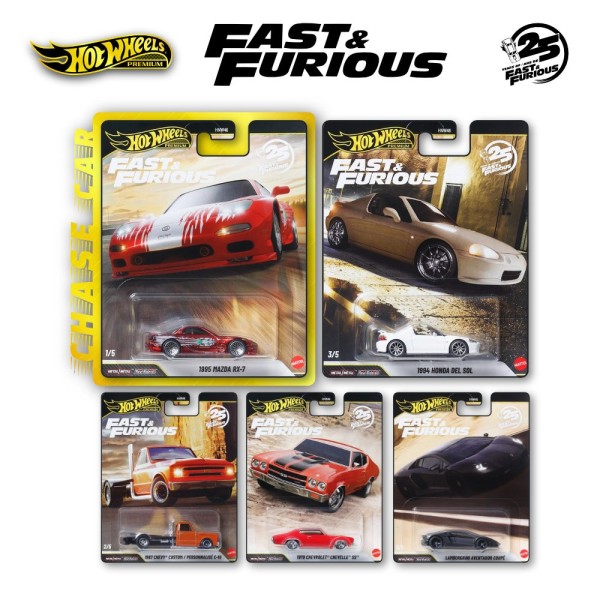 Hot Wheels Premium Fast and Furious 25th anniversary SET 2 včetně chase sada 5ks