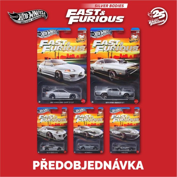 Hot Wheels Silver Fast and Furious Silver Bodies - sada 5ks - Předobjednávka